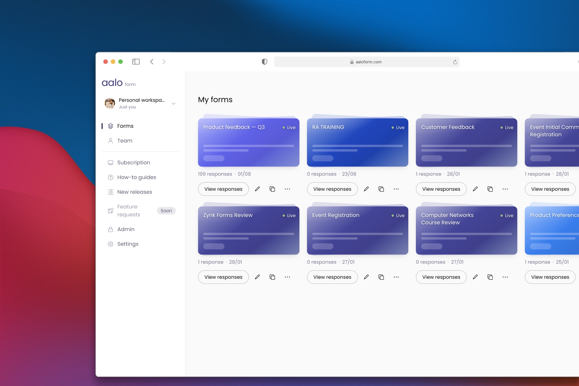 The My forms dashboard: a grid of published forms, each marked Live with its response count.