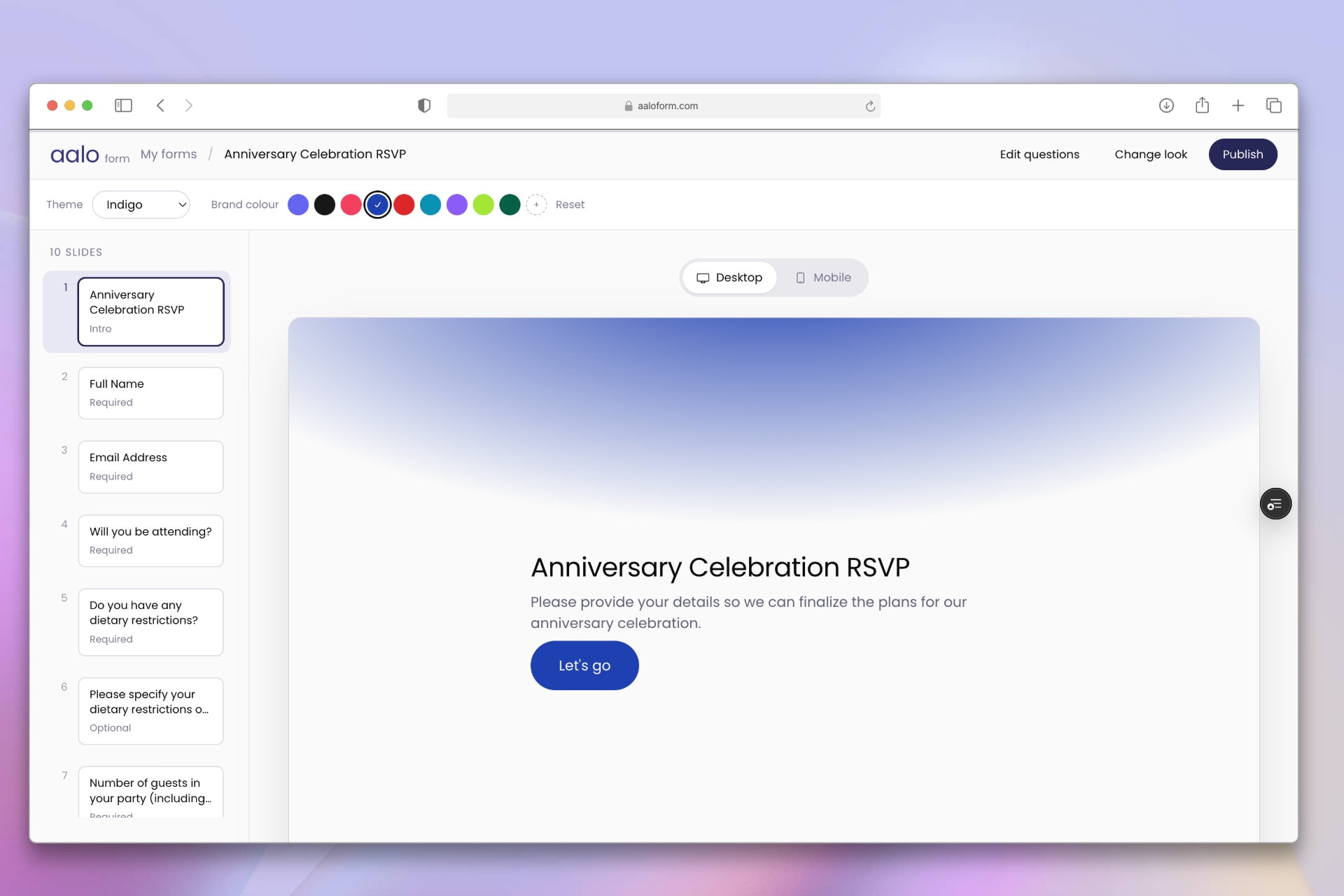 The styling screen: an Indigo theme, a row of brand colour swatches, and a live preview of an RSVP form.